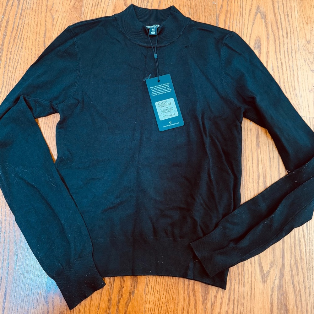 NWT  TRUE RELIGION Black Embrd Mock Turtleneck Sweater  Size M $99